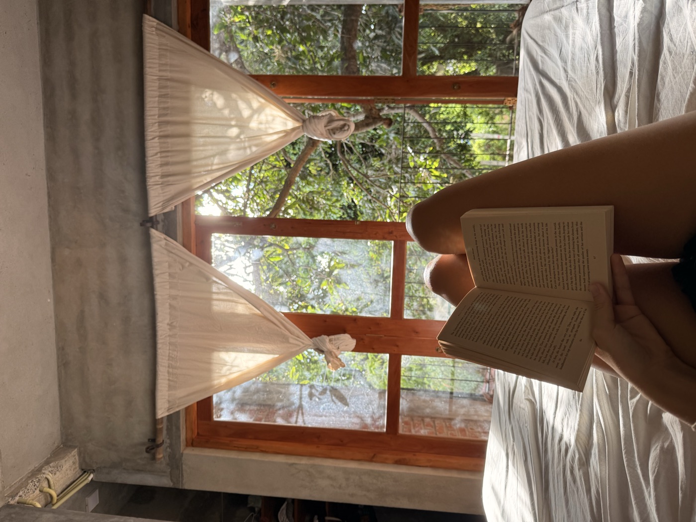 Reading in bed by the jungle window